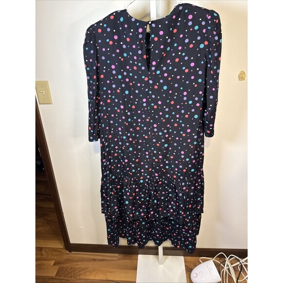 Vtg 80s Secretary Dress Sz 14 Polka Dot Ruffle Sh. Pads Skirt Midi Length - Picture 9 of 9